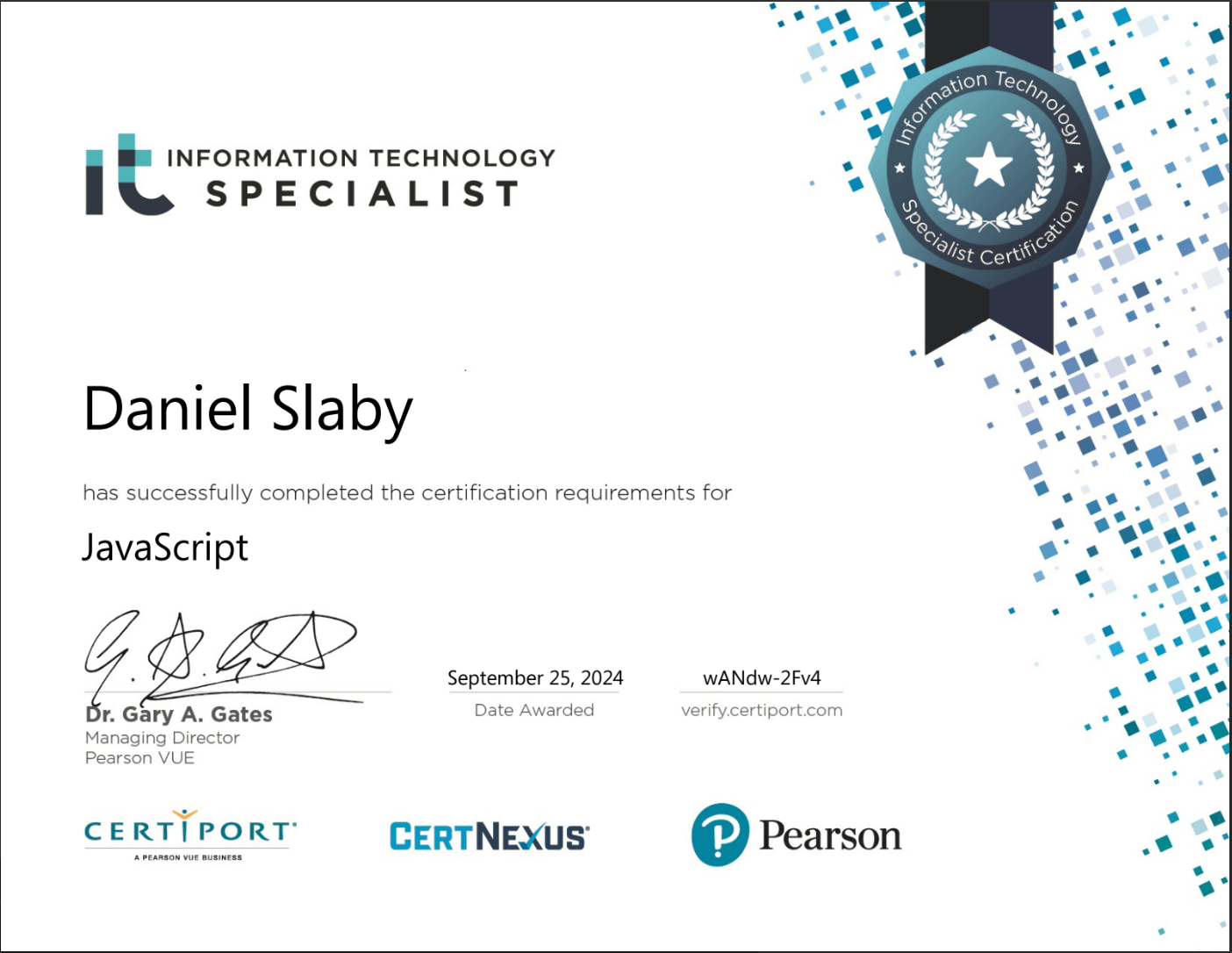 Screenshot of Javascript - Certiport certificate