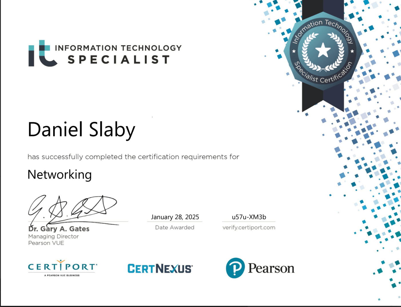 Screenshot of Networking - Certiport certificate